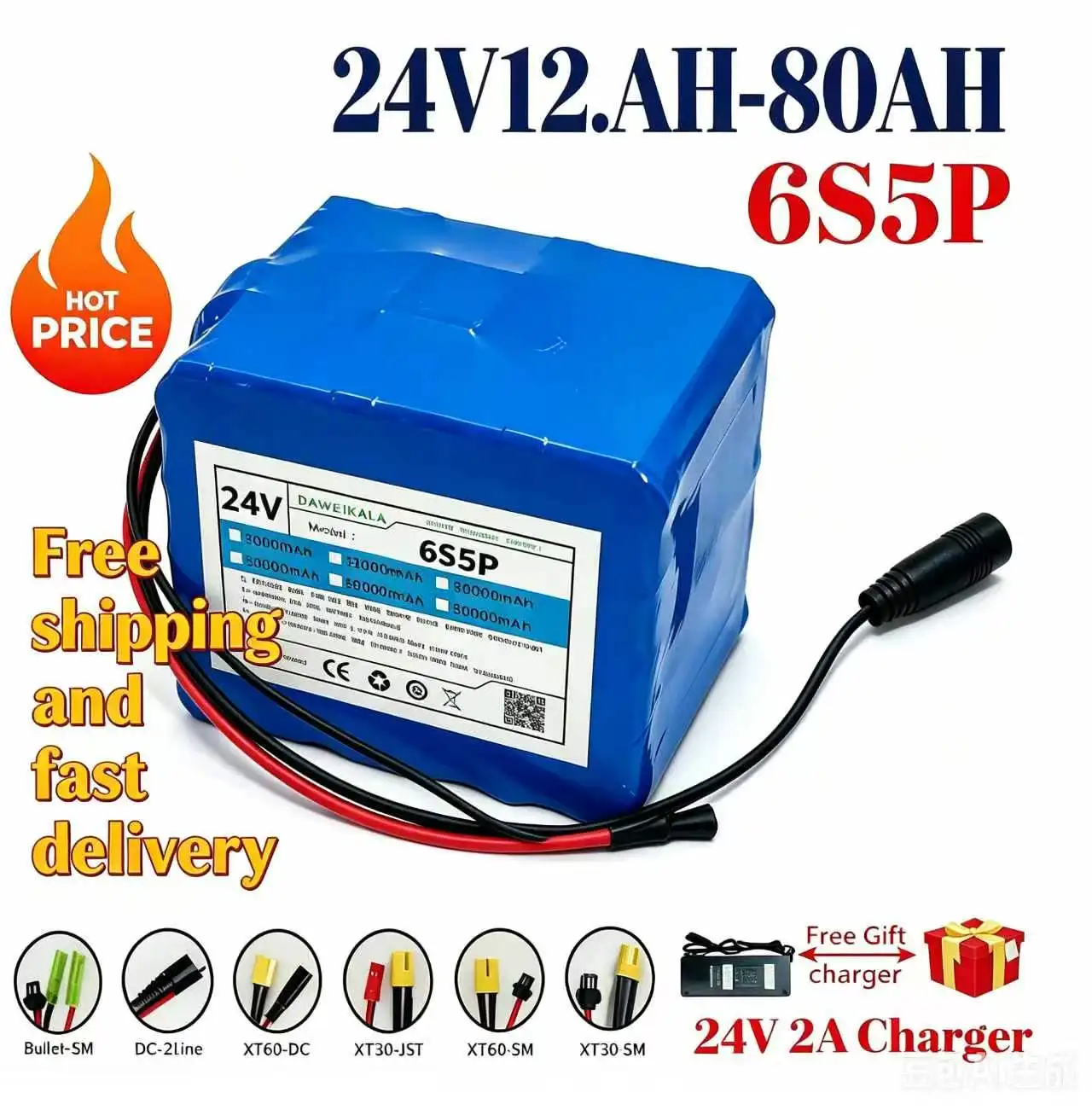 DAWEIKALA 24V 6S5P Lithium-Akku, 12Ah-80Ah, optional mit integrierter BMS-Schutzplatine, wiederaufladbarer Li-Ionen-Akku mit kostenlosem 2A-Ladegerät