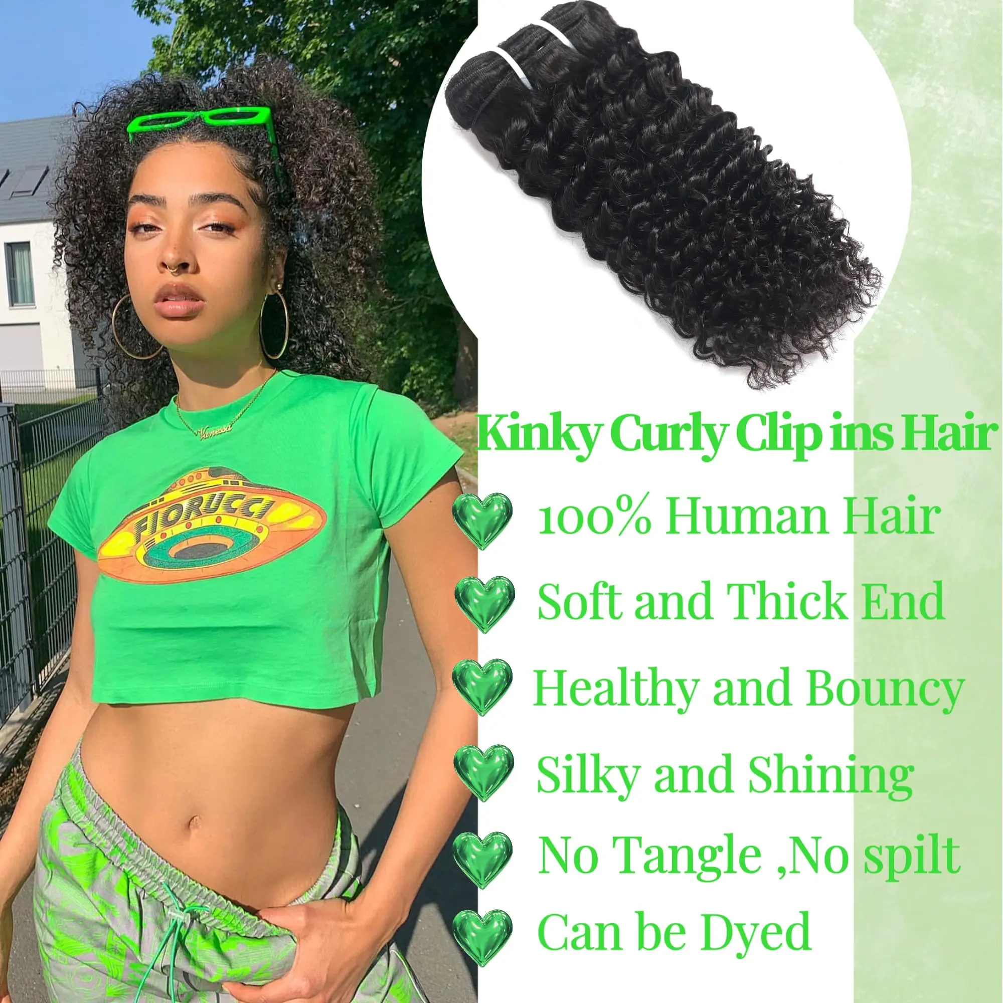 Kinky Curly Clip in Hair Extensions Human Hair for Women -120G 16Inch 8Pcs 18Clips Double Weft Brazilian Remy Human Hair #1B