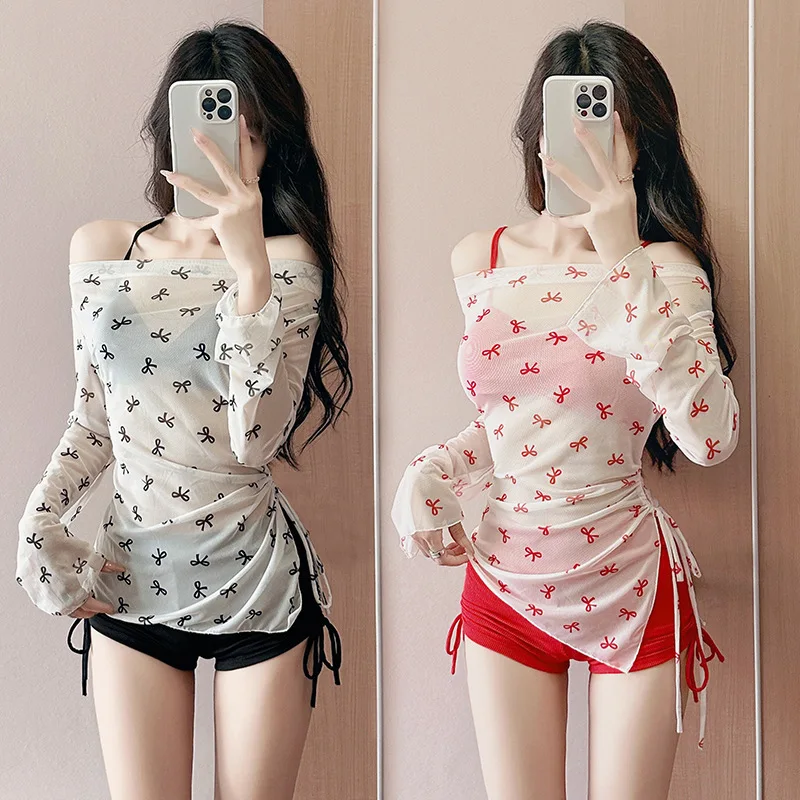 Split swimsuit female Korean ins pure desire girlish feeling bow sunscreen blouse bikini swimsuit