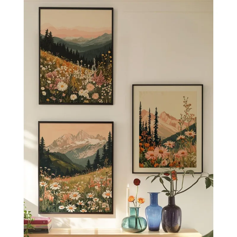 Juego de 3 Cuadros Modernos Bohemios de Atardecer en la Montaña, Impresiones en Lienzo sin Marco, Pósters de Paisajes de Flores
