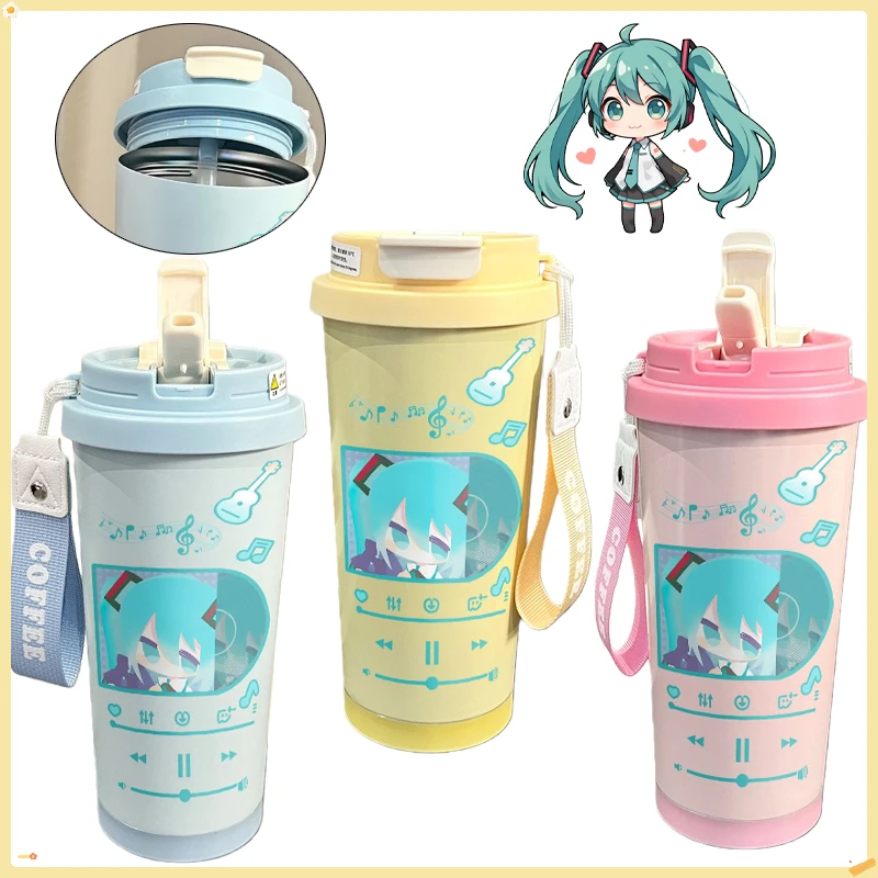 520-ミリリットル初音ミク魔法瓶カップストロー付き漫画ステンレス鋼コーヒーカップ旅行サーマルマグ漏れ防止魔法瓶ギフト