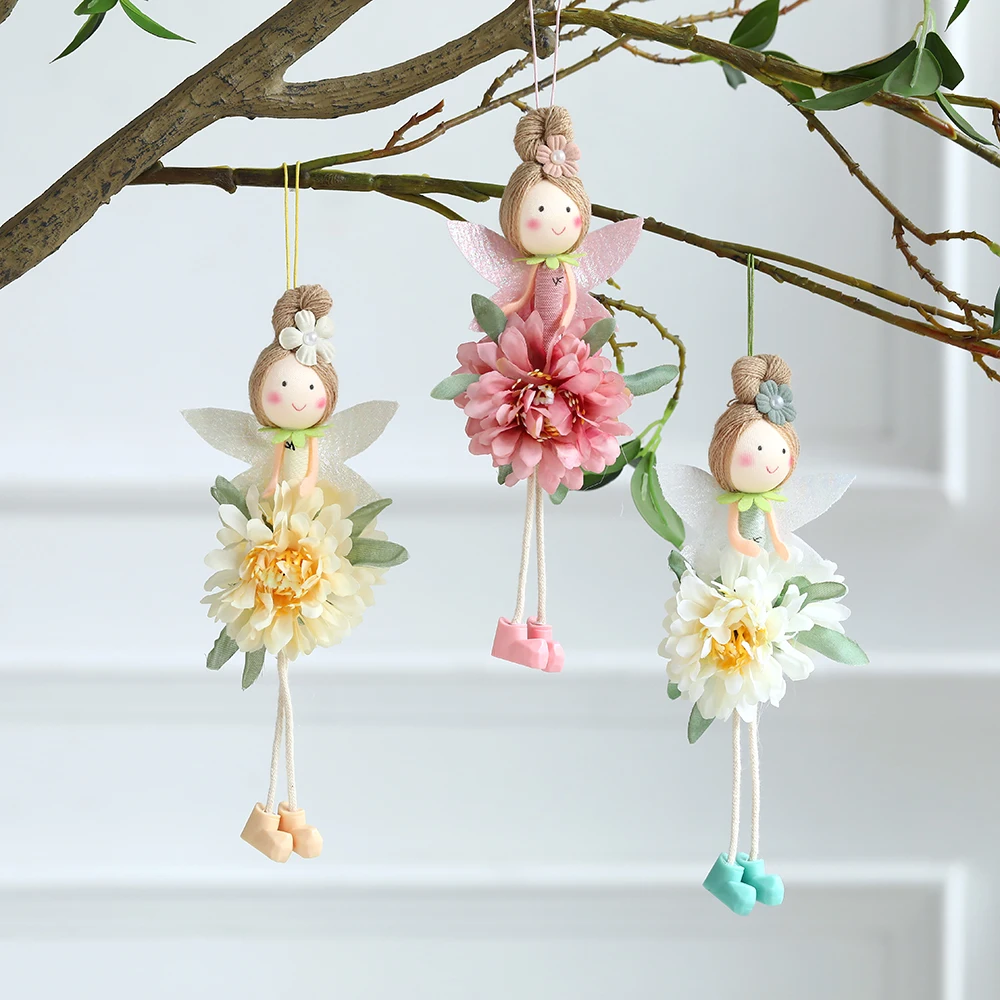2025 Easter Flower Fairy Angel Wing Elf Bunny Rabbit Doll Ornament Pink Yellow Spring Easter Party Decor Girl Kid Birthday Gift