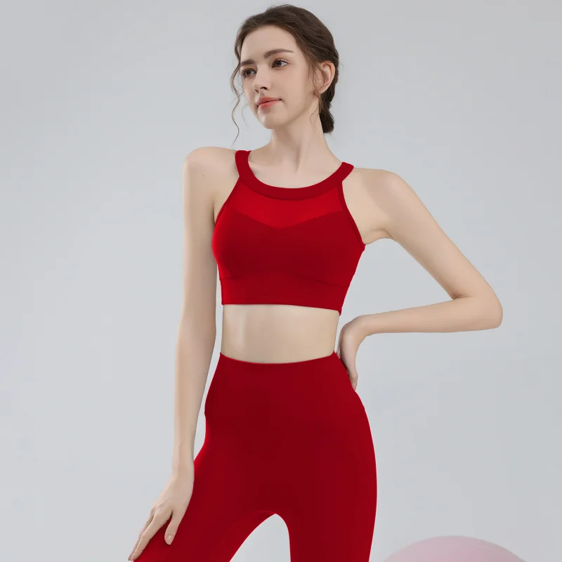 Terno de yoga feminino conjunto de sutiã esportivo anti choque malha costura bela volta treinamento roupa interior leggings de fitness