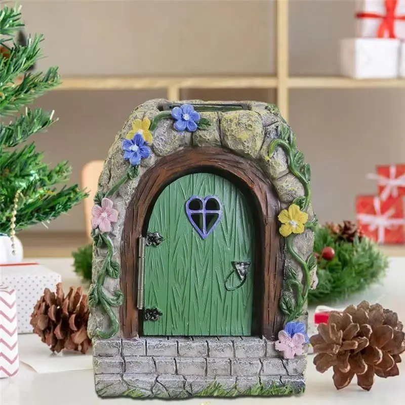 ABHI-Fairy Garden Door Outdoor Fairy Garden Gate Resin Tree Miniatures With Steps And Open Door Mystical Lighted House