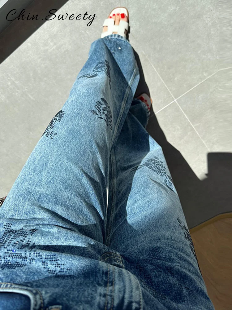 Mode Strass Gedrukt Denim Broek Vrouwen Solid Hoge Taille Rechte Wijde Pijpen Jeans 2025, Lente Zomer Dame Streetwears Nieuw