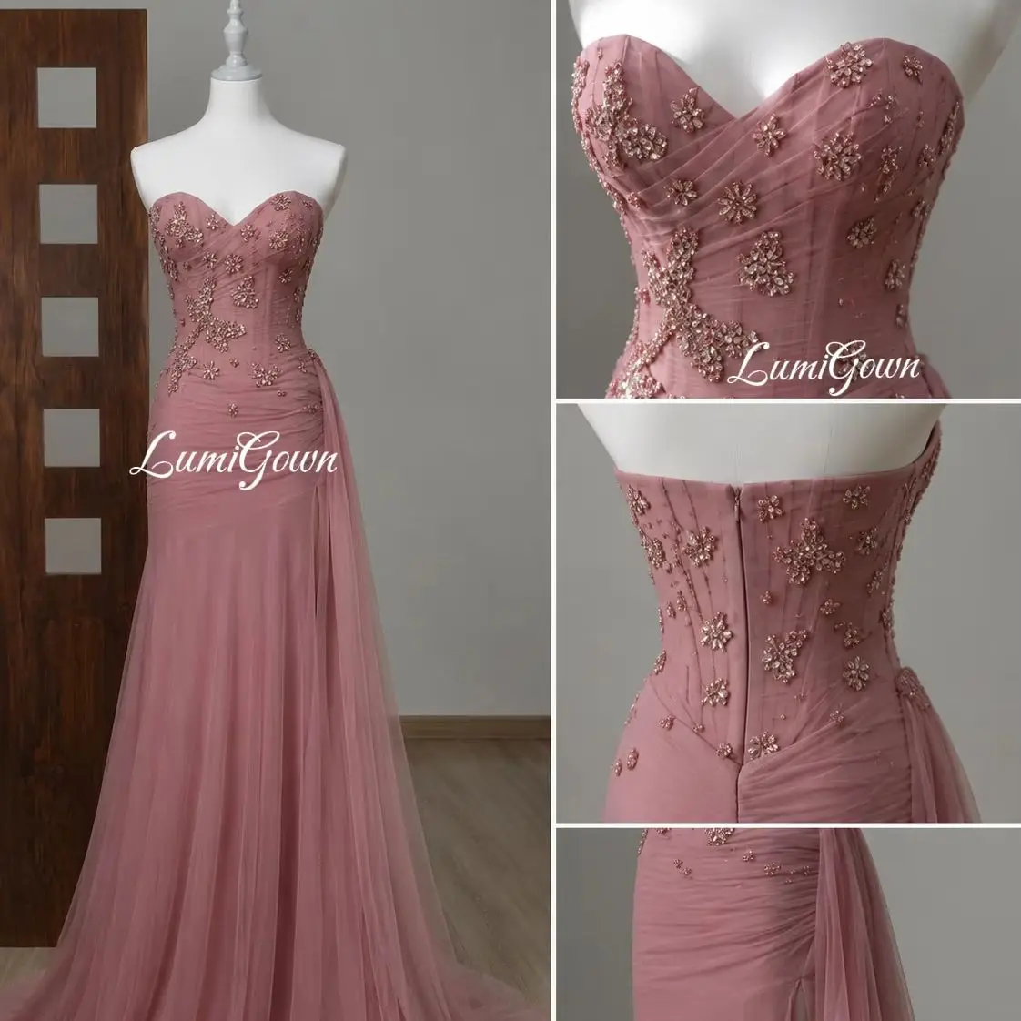 LumiGown Custom Dusty Pink Strapless Tulle Mermaid Evening Dress Beaded Corset High Slit Ruched Guest Wedding Gown