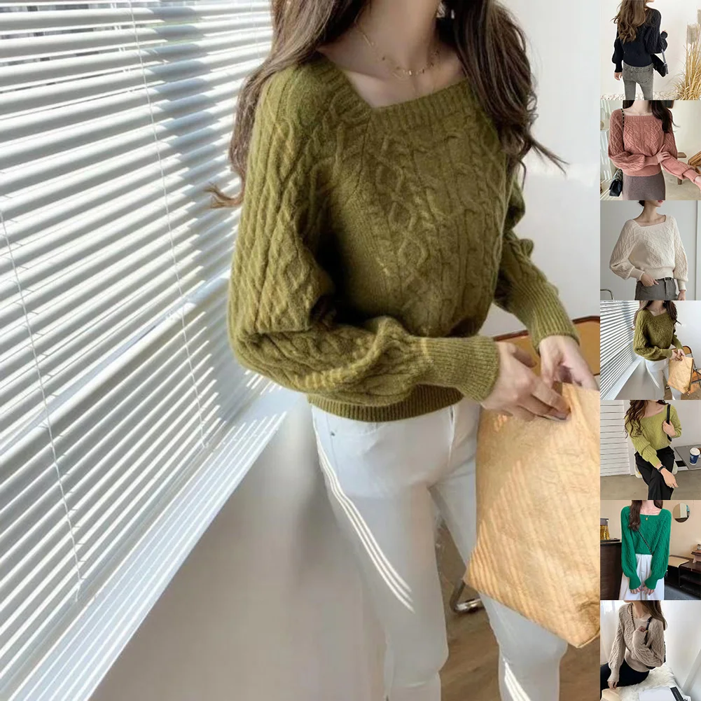 Jesienno-zimowy sweter Khaki Luźny sweter z dzianiny Wygodny krój Regularna długość Lekko elastyczny Codzienny sweter