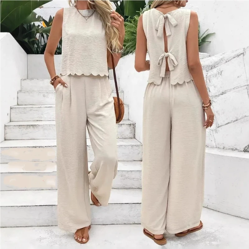 

Spring and Summer New Solid Color Striped Bowknot T-shirt and Wide Leg Pants Set - French Style Elegant Women's Clothing