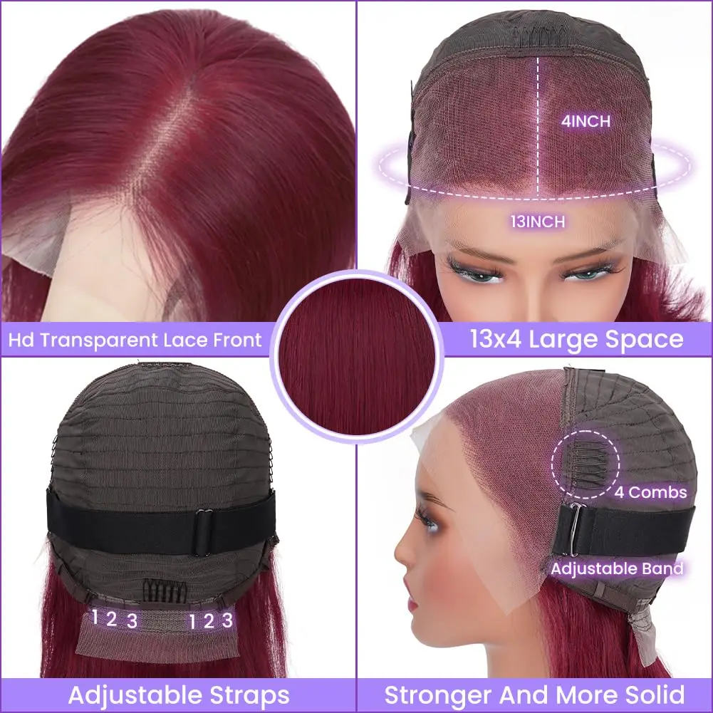Wig Bob Burgundy 99J Rambut Asli 13x4 HD Wig Lace Frontal Transparan 8-14 Inch Wig Bob Pendek Rambut Asli Untuk Wanita