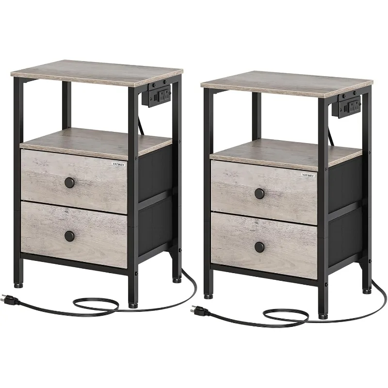 Nightstands Set of 2, Dorm Night Stand with Charging Station, Bedside Tables with 2 Non-Woven Drawers, Side Table for Dorm Room