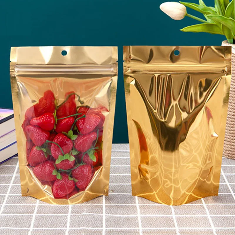 

50Pcs Glossy Gold Resealable Stand Up Front Clear Aluminum Foil Hanging Storage Pouches Candy Gifts Heat Sealing Zip Lock Bags