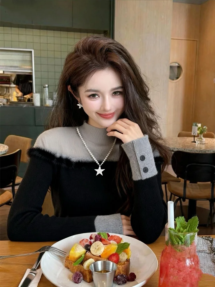 

Color Blo Knitted Sweater Women's Slim Fit Long Sve f High Collar Fake Two-Piece Inner Wear Autumn Winter Faion Sense