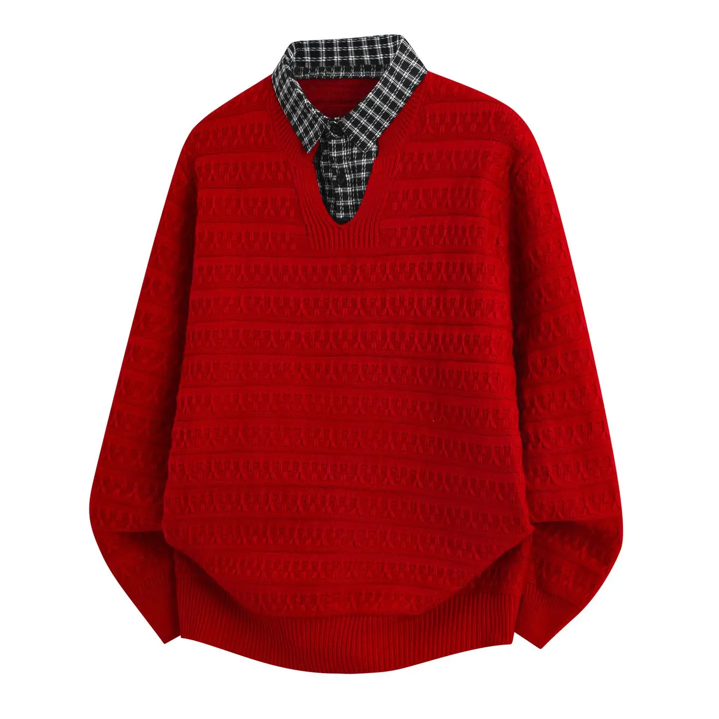 

Men's Faux Two-Layer Shirt Collar Knit Sweater , V-Neck with Shirt Collar, Solid Color Autumn Winter, 4 Colors Knit Pullover