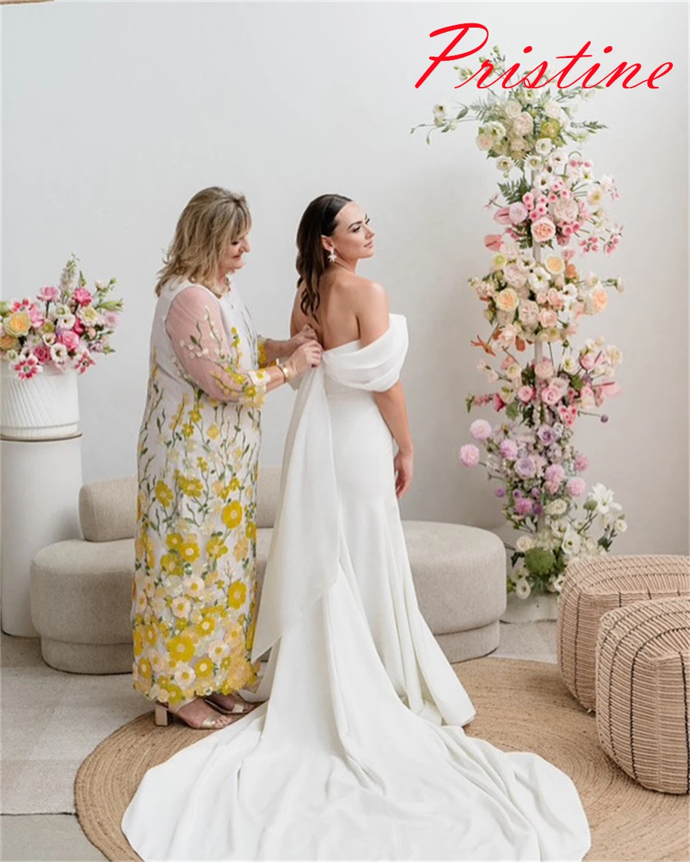 Abiti da sposa eleganti personalizzati in jersey bianco Temperamento senza spalline con spalle scoperte Abito da sposa a maniche corte Abito a sirena