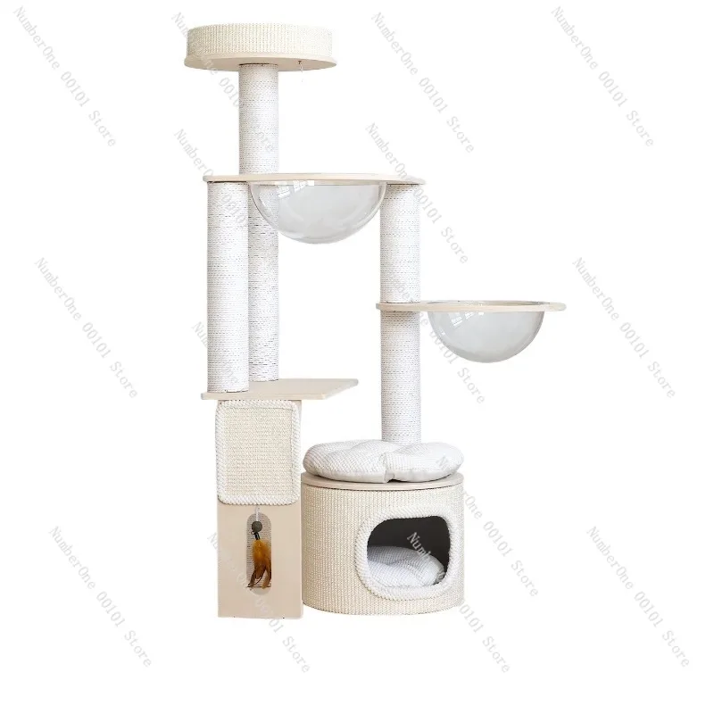 Multi-Layer Solid Wood Cat Tree,Cat Bed,Cat Climbing Frame with Scratch Board&Toys,Space-Saving Cat Tower