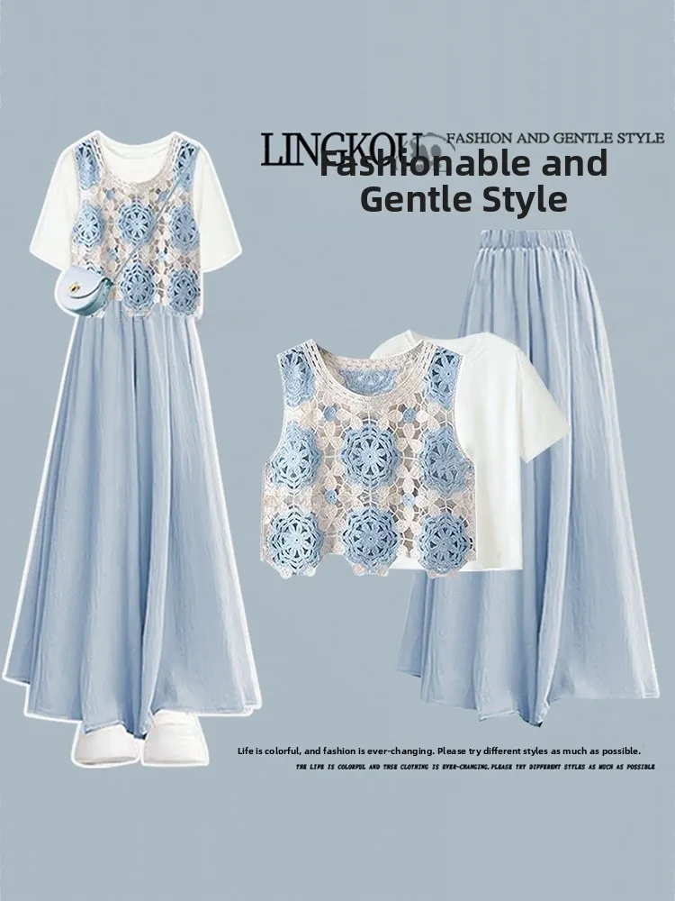 

Ele Hollow out Top Casual Pants Women's Summer Outfit Tee Piece Set plus Size Korean Sle Slimming T-irt Ensemble