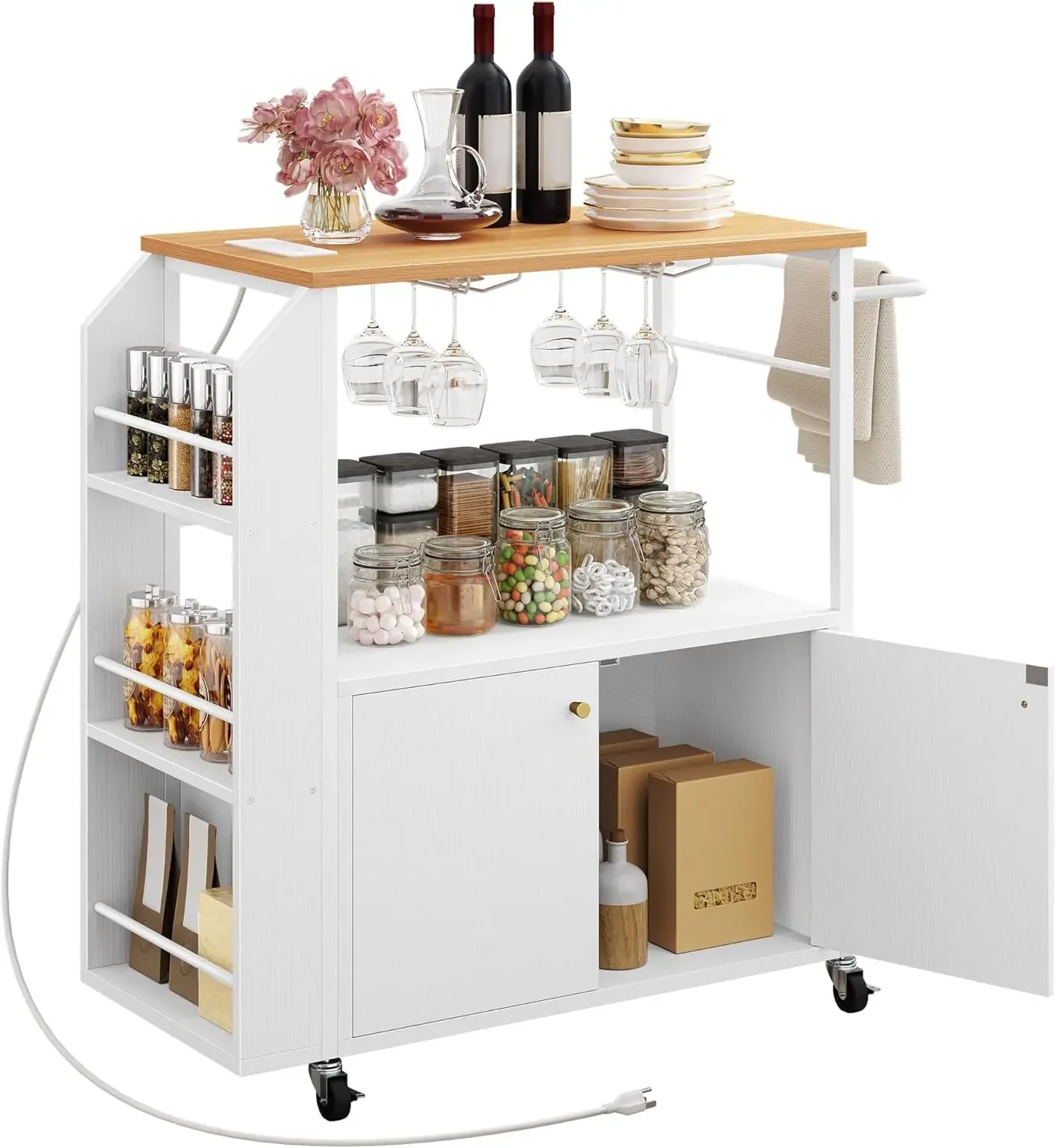 Mobile Kitchen Island Cart with Power Outlet, 33 Inch Rolling Kitchen Cart with Storage, Small Serving Utility Carts on Wheels