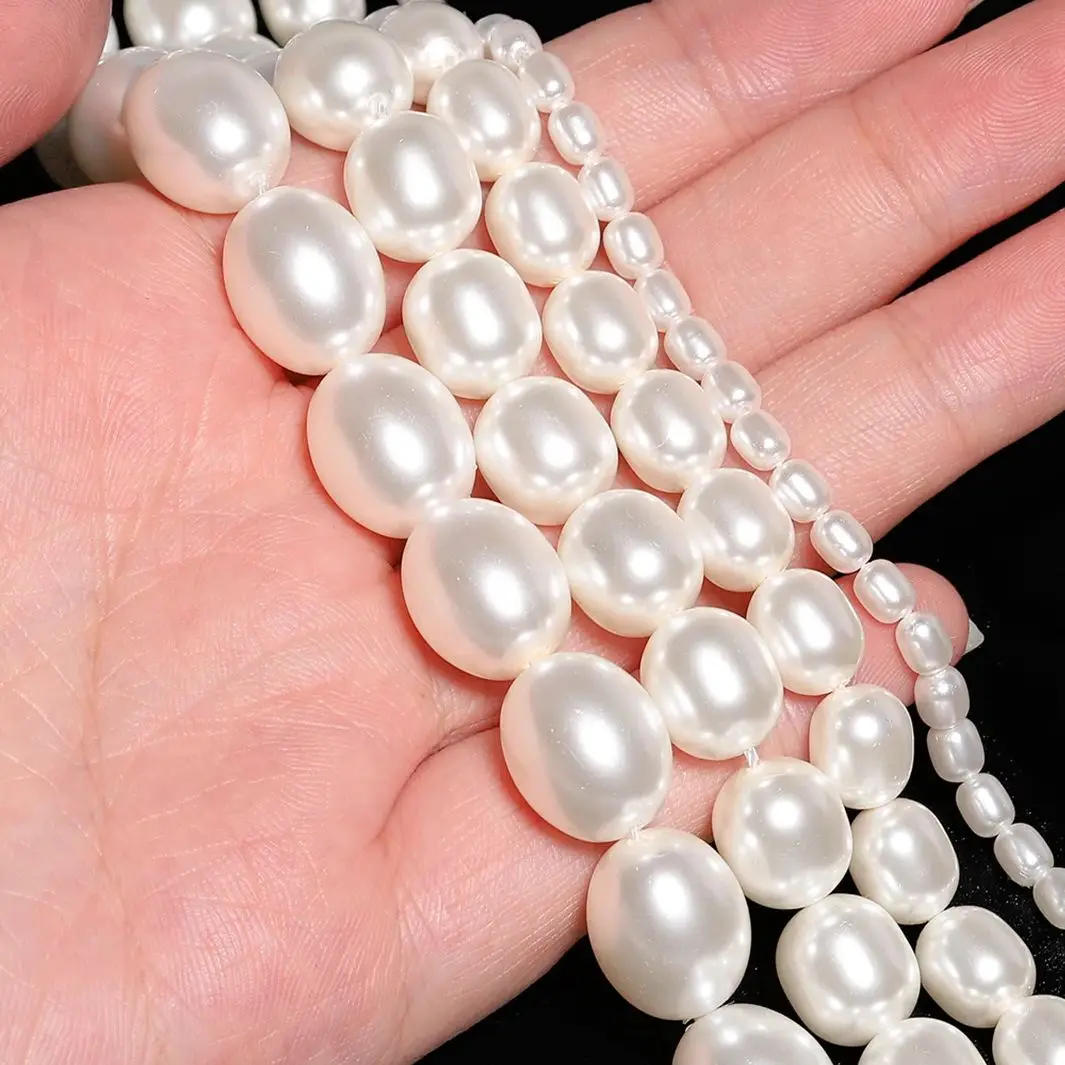 타원형 모양의 흰색 모조 진주 유리 느슨한 스페이서 비즈 쥬얼리 만들기 DIY 귀걸이 팔찌 액세서리 4/10/12/15mm