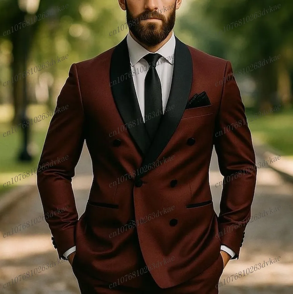 

Новый черный воротник темно-красный мужской костюм для свадебной вечеринки, формального жениха, жениха, выпускного вечера, деловые мужские смокинги, комплект из 2 предметов, куртка, брюки