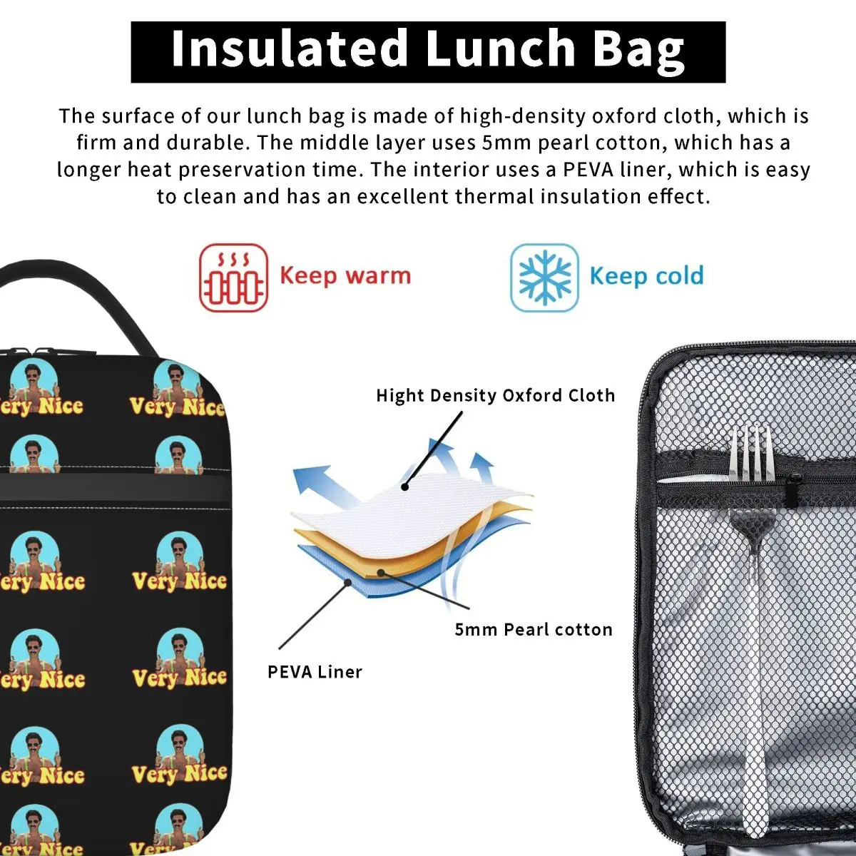 Borat Very Nice, Digital Artwork Insulated Lunch Bag for Women Kids Portable Food Boxes Thermal Lunch Box Tote