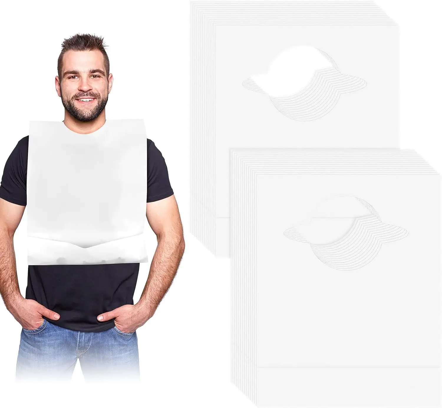 

50 Pcs Disposable Adult Bibs with Crumb Catcher for Elderly Eating, Plastic Single Use Dining Clothing Protectors
