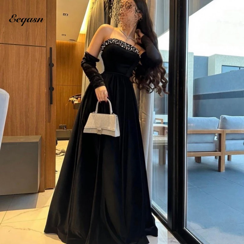 Black Velvet Evening Dresses Customized Crystal Strapless Saudi Arabic Women Formal Party Prom Gowns Robe de soiree Abendkleider