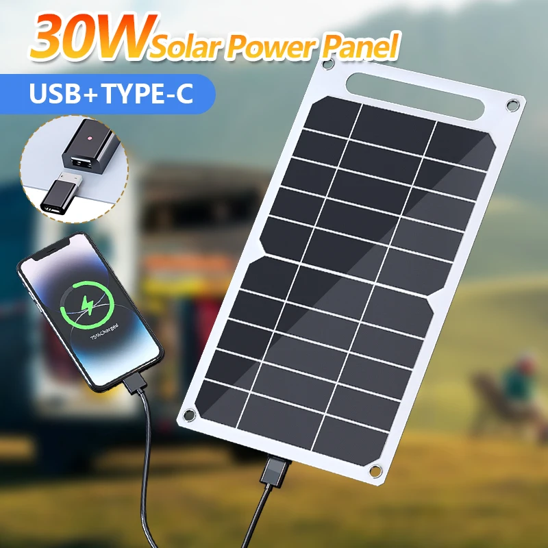 Solar Panel 30W With USB Waterproof Outdoor Hiking And Camping Portable Battery Mobile Phone Charging Bank Charging Panel 6.8V