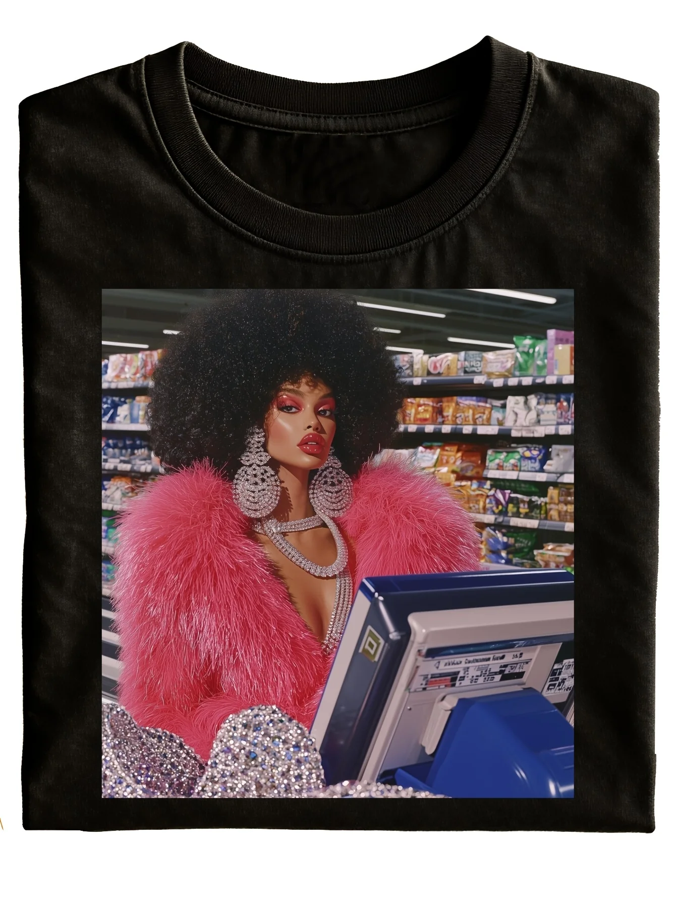 Funny Neutral T Shirt Crewneck Black Print Of Drag Queen In Pink Fur Coat At Grocery Store Checkout Fashionable Gift for Birthday Or Holiday   Stylish Casual Wear for Festive Occasions Men Clothing Graphic Tee Funny T-Shirts New In Tops
