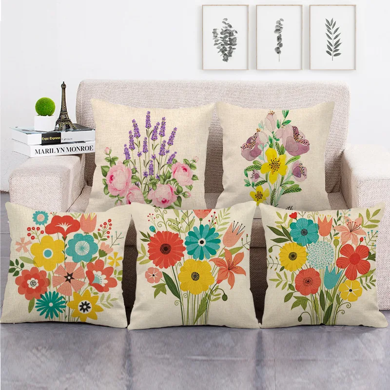 Spring Flower Linen Throw Pillow Case Red Floral Pillowcase for Pillow Sofa Bed Garden Chair Pillow Cover Home Decor Room 45z45