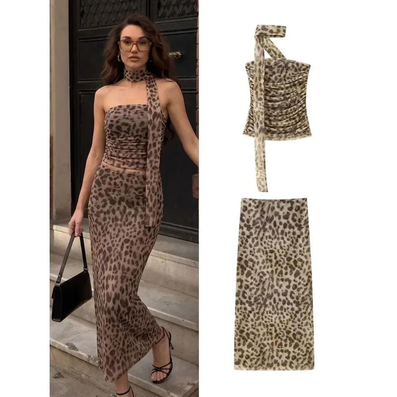 

SMVP Leopard Printed Midi Skirt Sets For Women New Fashion Corsets Top Women's Suit 2 Piece Set Women Outfit Streetwear
