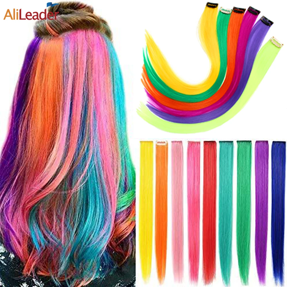 Green Pink Purple Clip In Hair Extensions 20 Inch Colorful Synthetic Hairpieces Straight Party Highlights Extension For Girls