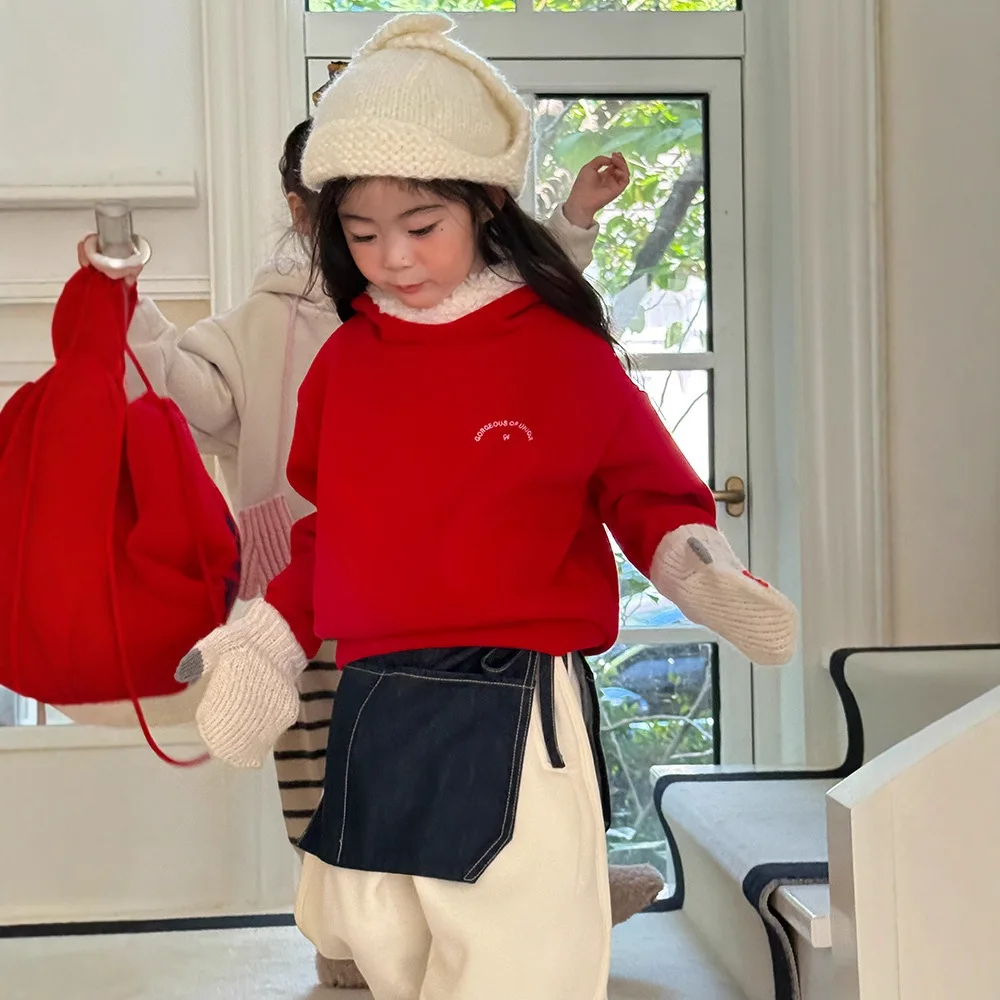 

2025 Winter New Children Fleece Hooded Sweatshirt Letter Print Boys Girls Plus Velvet Thick Casual Pullover Kids Warm Clothes