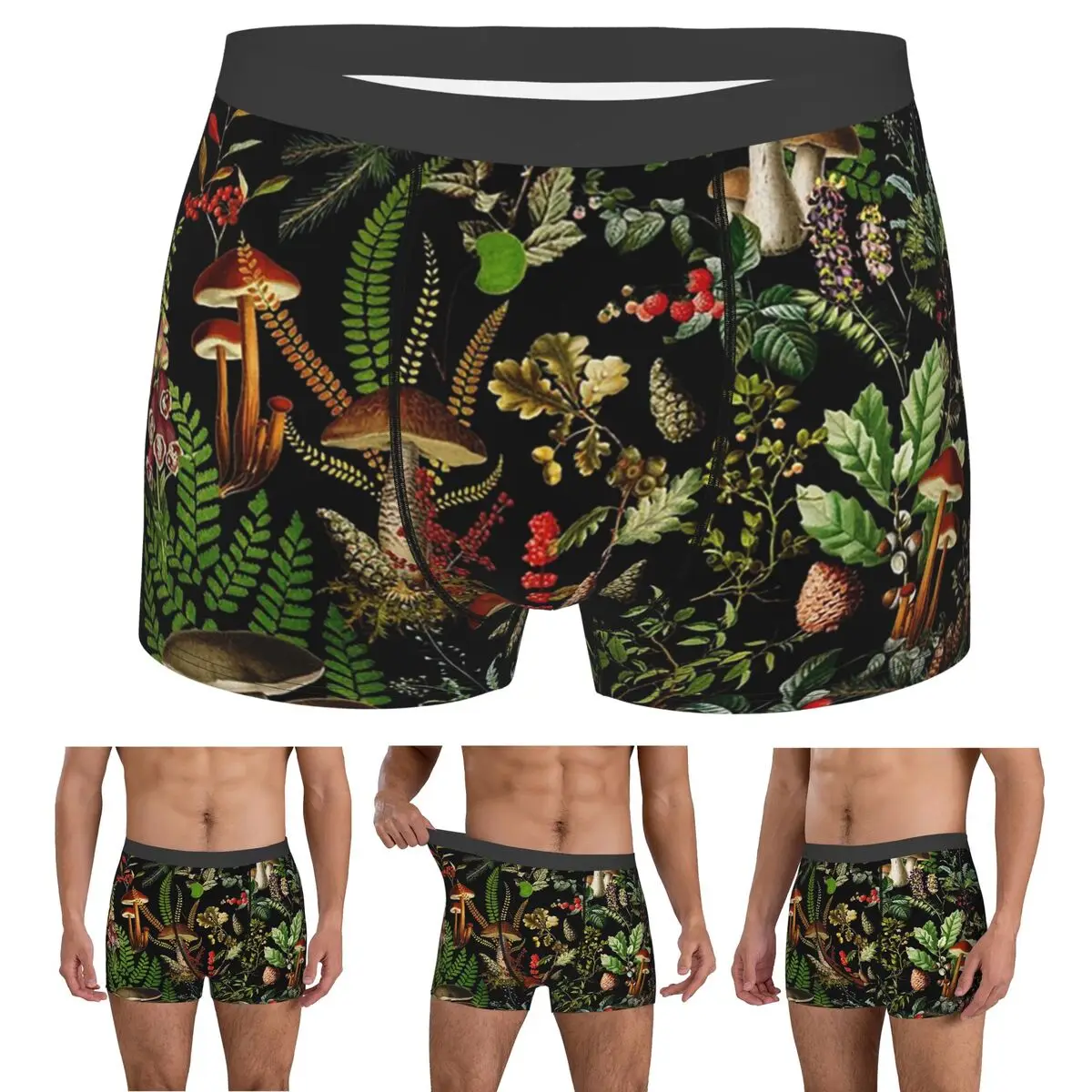 

Boxer Underpants Shorts Vintage Midnight Mushrooms Forest Black Botanical Night Garden Panties Men's Ventilate Underwear
