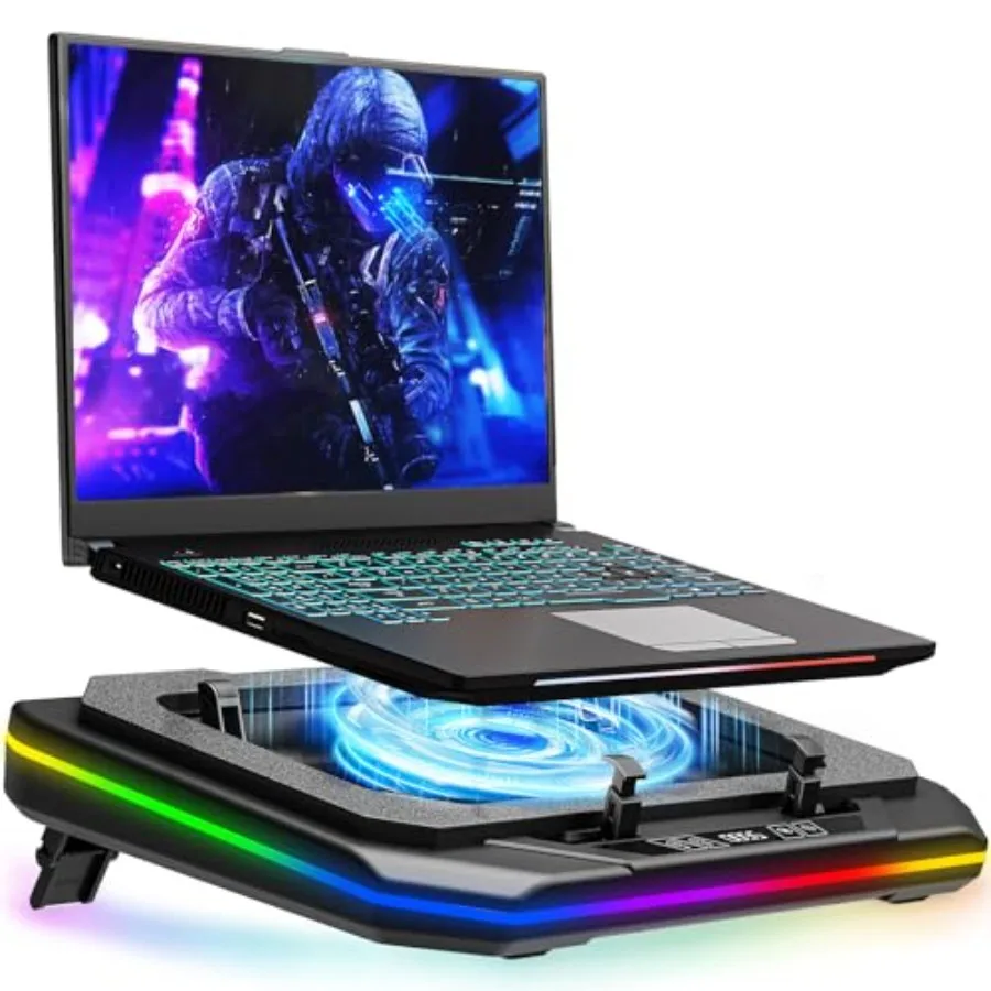 

Охлаждающая подставка для игрового ноутбука с RGB-подсветкой, мощным турбовентилятором 3500 об/мин, регулируемая по высоте, для ноутбуков