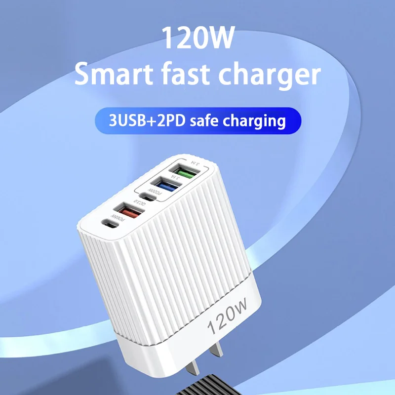 120W Fast Charger USB 5 Ports Type C Quick Charge 3.0 USB Portable Mobile Phone Adapter Plug For Iphone Xiaomi Samsung Charger