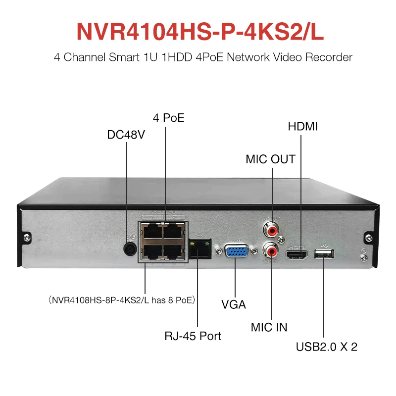 Dahua NVR4104HS-P-4KS3 4CH 4POE NVR4108HS-8P-4KS3 8CH 8POE Compact 1U Lite Network Video Recorder NVR CCTV IP Camera AI System