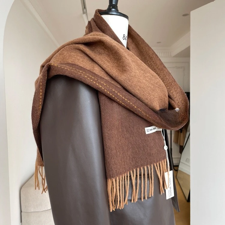 High Quality Australia100% Pure Wool Scarf Women Fall Winter Design Double-Sided Stitching Knitted Cashmere Shawl Female Muffler