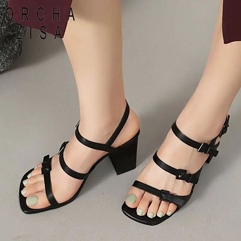 

ORCHA LISA Fashion Women Sandals Square Toe 8cm Chunky High Heels Buckle Strap Large Size 40 41 Soft Non Slip Female Shoes Fall