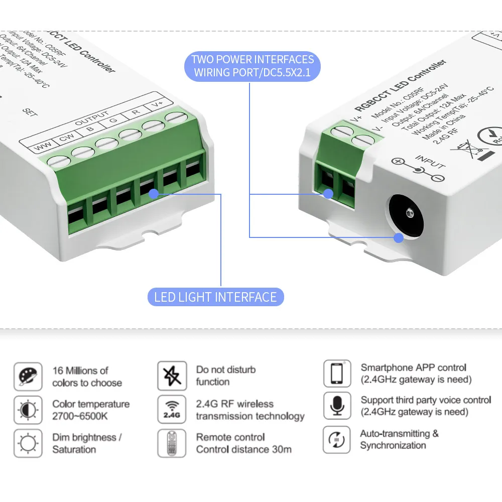 Tuya RGB/RGBW SPI LED Controller 2.4G RF Remote Alexa Google Plus Voice Control for 2835 5050 RGBCCT RGBW LED Light DC5-24V