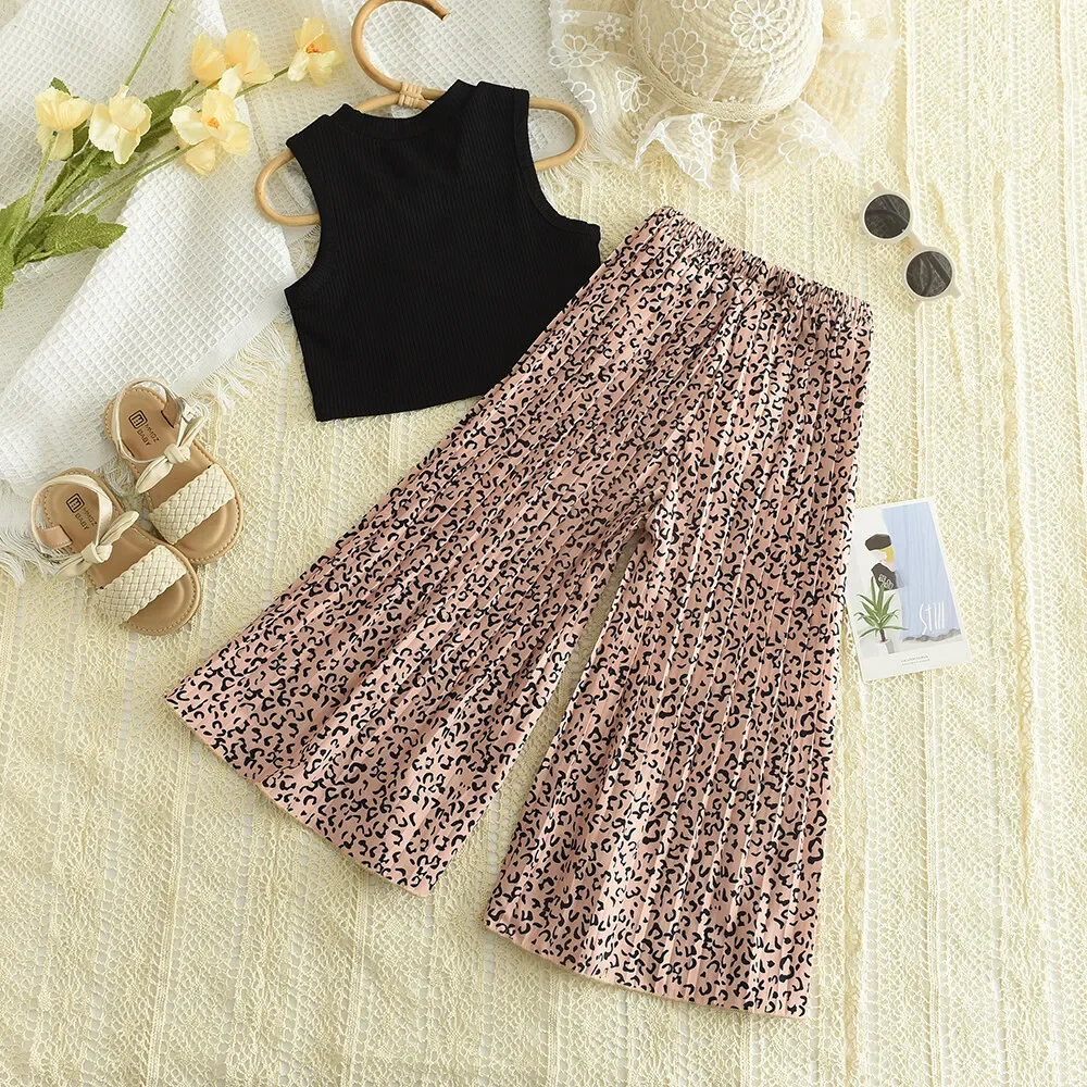 Bear Leader Summer Solid Color Vest Tops and Leopard Pleated Wide Leg Pants Sets Kids Girls Casual Clothes 2PCS 3-7 Years Old