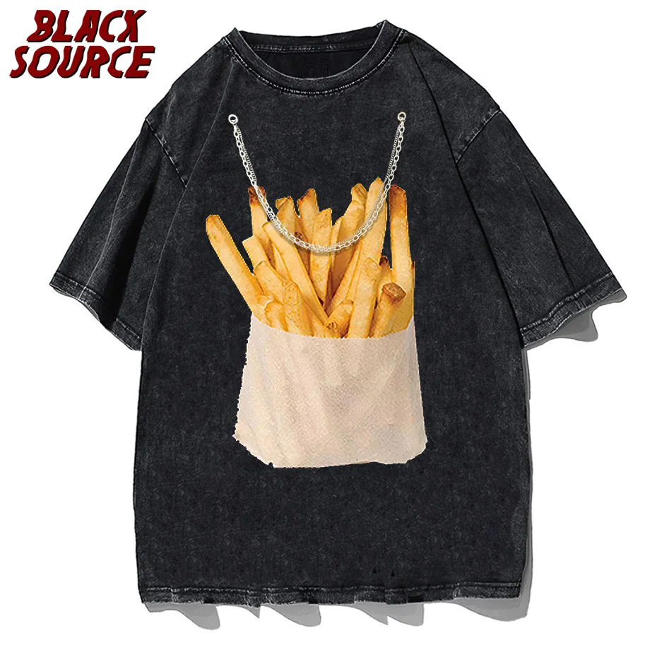 Retro Harajuku Y2K street funny wild casual fashion double-sided printing french fries sweater t shirt