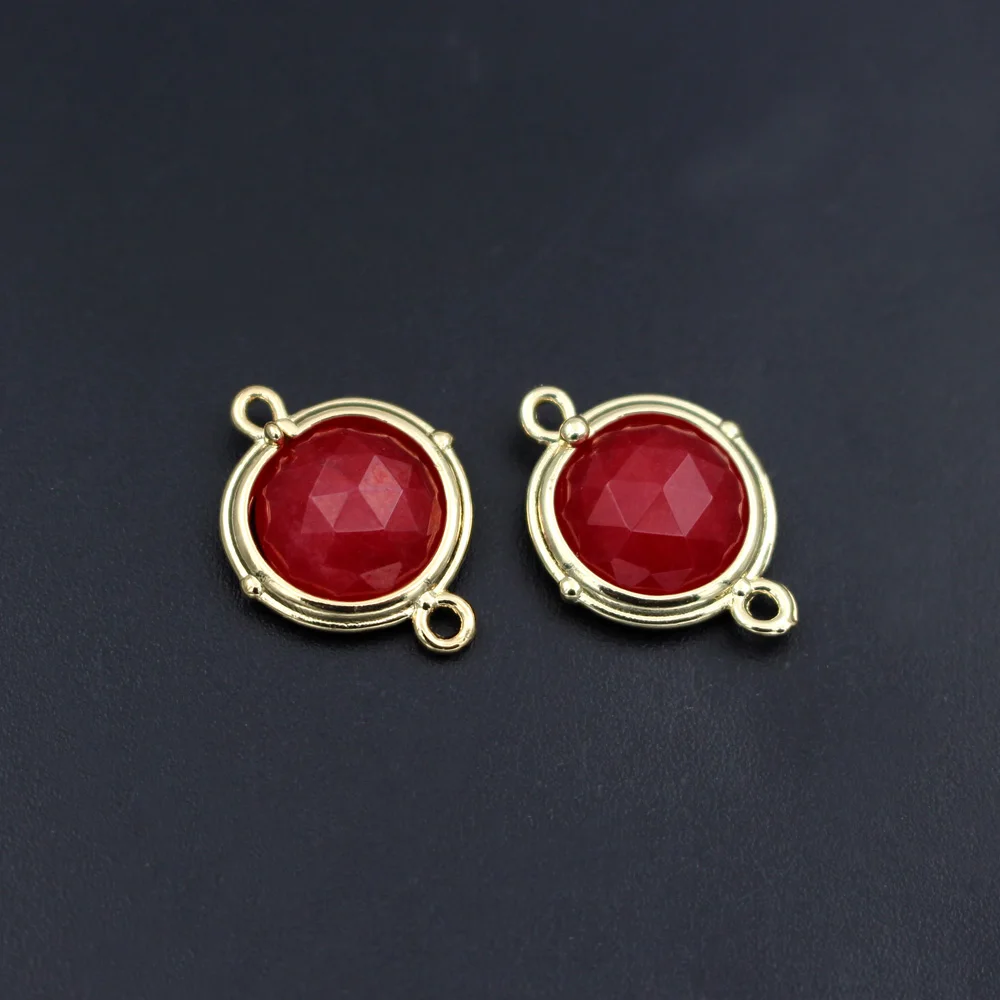 10pcs Blue Semi-precious Stone Circle Pendant Hot Pink Jade Stone 2 Loops Connector Charms Jewelry Accessories Findings DIY