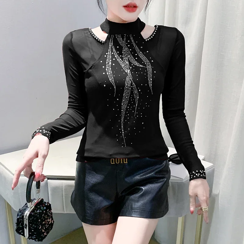 Patched One-piece T Shirts Women's Full Sleeve Hollow Out Tee Shirts Tops Female Connected Tee