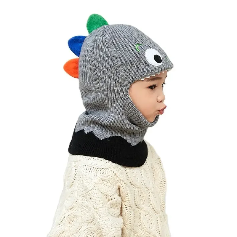 Gorro de punto a prueba de viento para niño y niña, gorros con orejeras para niños de 2 a 7 años, gorro de protección para el cuello, dinosaurio,