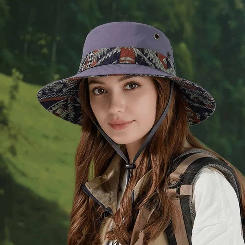 Breathable Quick Drying Hiking Cap Sombrero Ethnic Style Patterns Sunshade Cowboy Hat Wide-Brimmed Thin Sunscreen Basin Cap