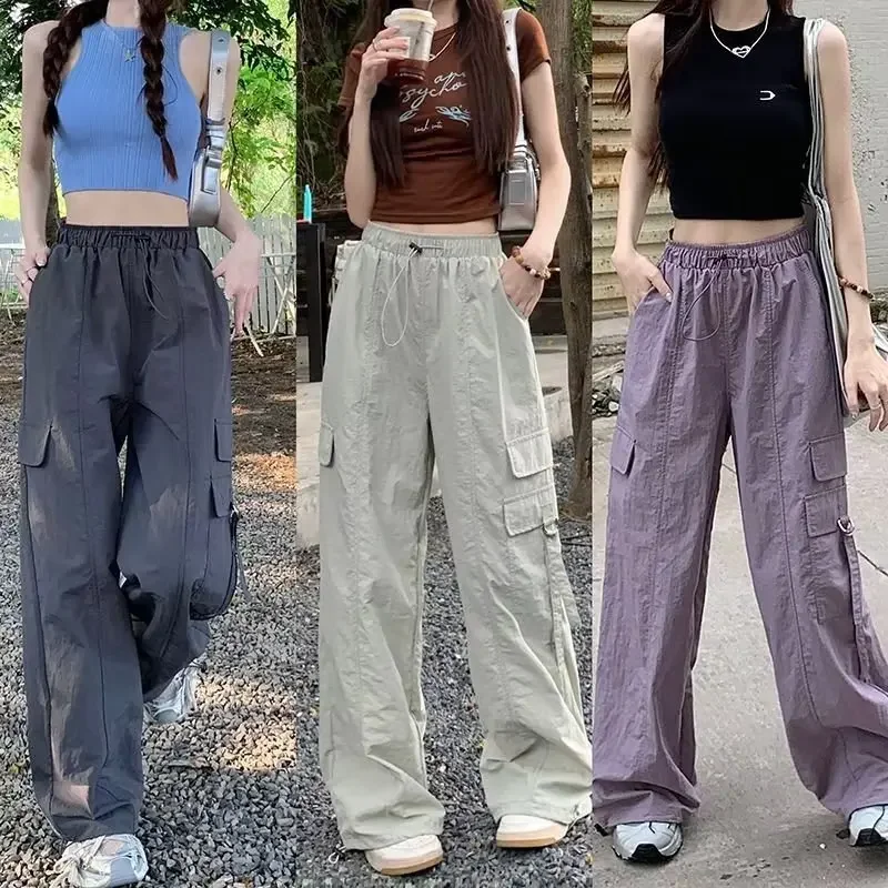 Y2K Women's Pants Tienda Traf High Waisted Drawstring Leggings Workwear Longs Sports Wide Leg Trousers Summer Thin Clothing 2024