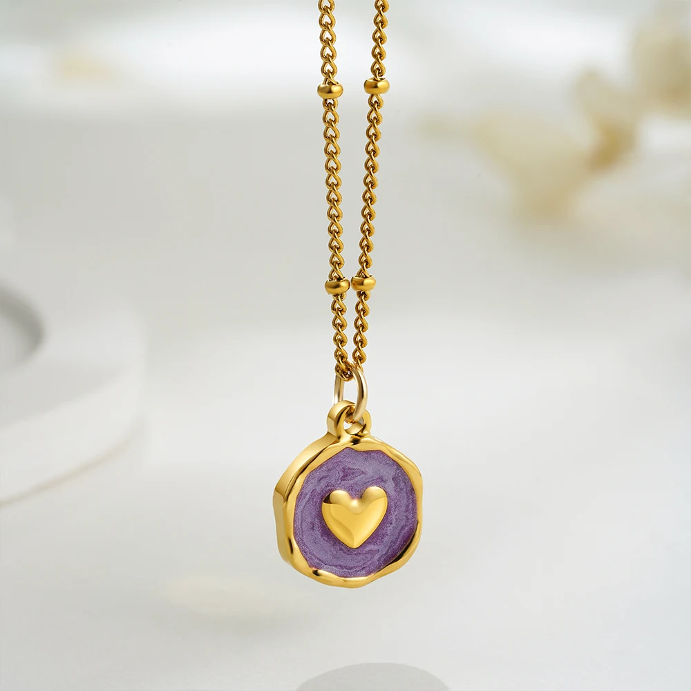 Punk Geometric Irregular Enamel Colorful Natural Stone Pendant Necklace for Women Stainless Steel Cross Heart Opal Choker Gifts