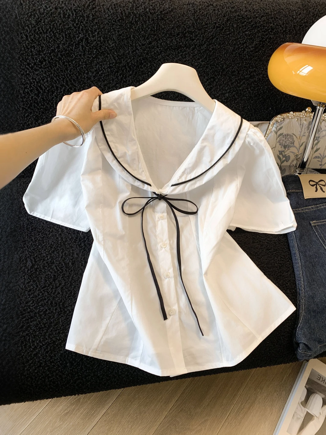Korean Style College Wind Navy Collar Bow Tie Shirt Women Summer 2026 New Bubble Sleeve Short Sleeve Top Youthful