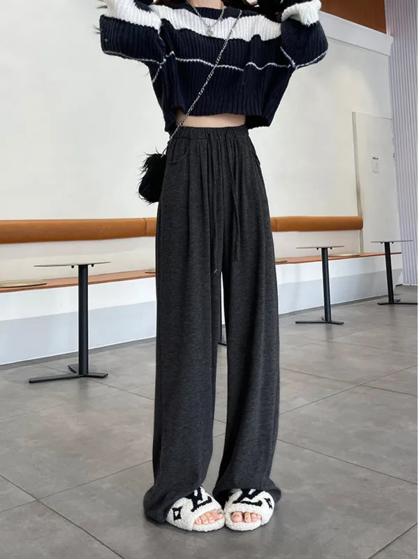 Grey glutinous rice pants for women in autumn 2024 new high waisted and loose fitting straight leg casual soft glutinous KRRA