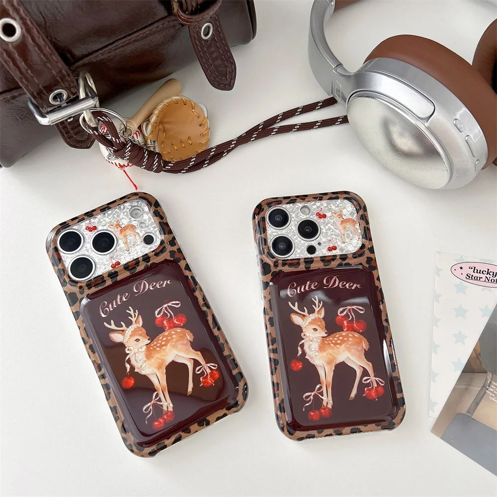Fashion Korea Ins Cherry Deer Phone Case For iPhone 18 Pro 15 16 17 Pro Max Cover Shockproof Cute Leopard Cases with Chain